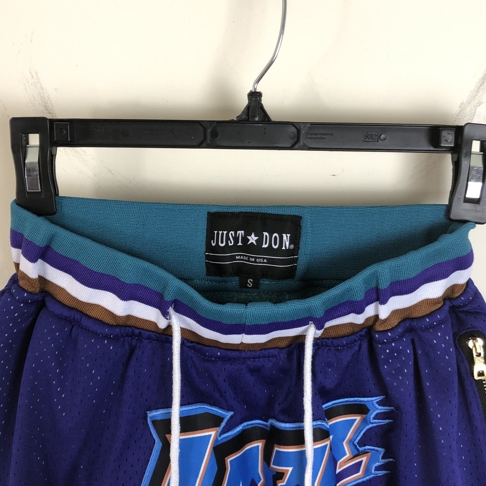 Utah Jazz Just Don 1996-97 Embroidered Print Basketball Shorts Sz S Purple NBA - Picture 7 of 15